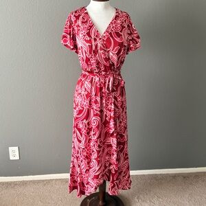 Nicole Miller New York Pink Red Floral Faux wrap Boho dress Sz M Valentine's Day